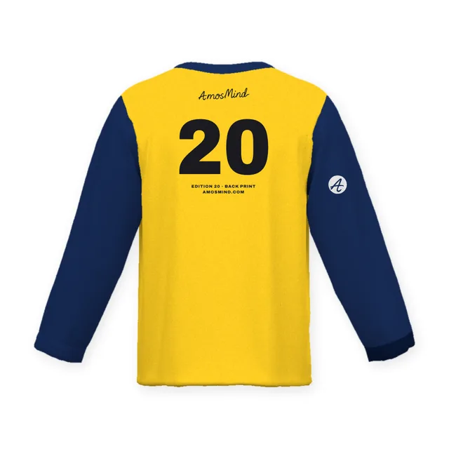 Back of the Notched crew-neck T-shirt mockup with AmosMind artwork
