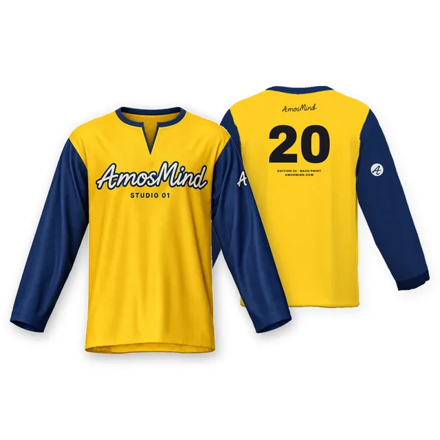 Notched crew-neck T-shirt mockup shown front and back with AmosMind artwork