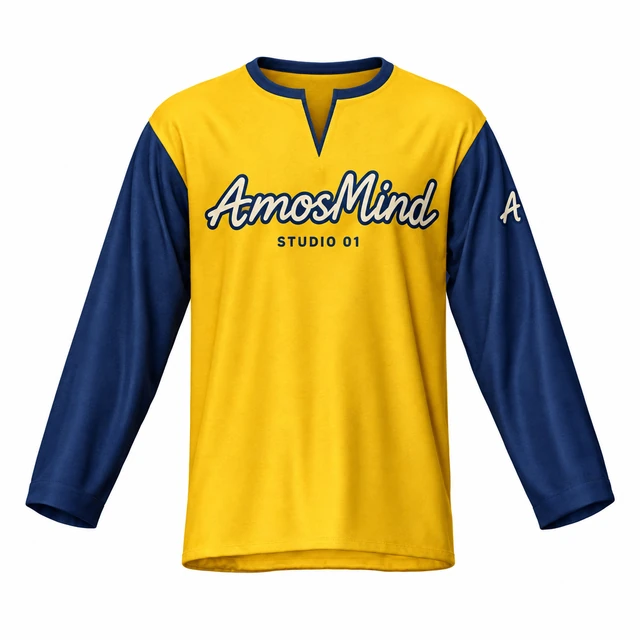 Notched crew-neck T-shirt mockup with AmosMind artwork