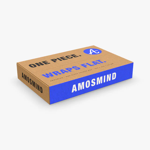 One-piece folder box mockup with AmosMind artwork