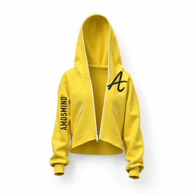 Open-front yellow cropped hoodie mockup with AmosMind artwork