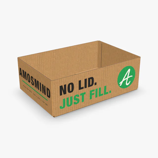 Open-top box mockup with AmosMind artwork