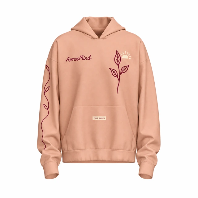 Oversized cotton pullover hoodie mockup with AmosMind artwork