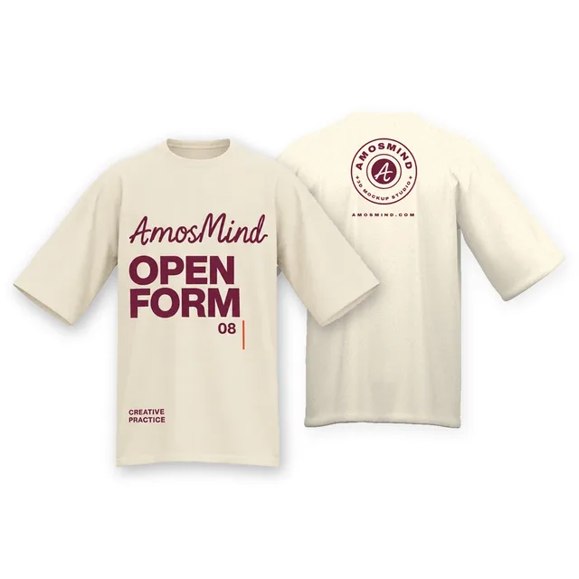 Oversized crew-neck T-shirt mockup shown front and back with AmosMind artwork