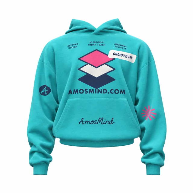 Oversized cropped hoodie mockup with AmosMind artwork