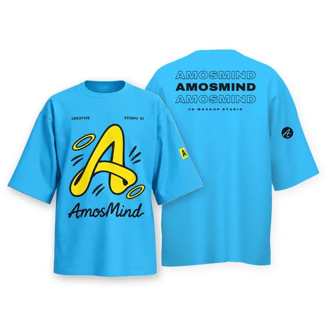 Oversized drop-shoulder T-shirt mockup shown front and back with AmosMind artwork