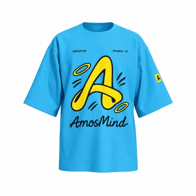Oversized drop-shoulder T-shirt mockup with AmosMind artwork