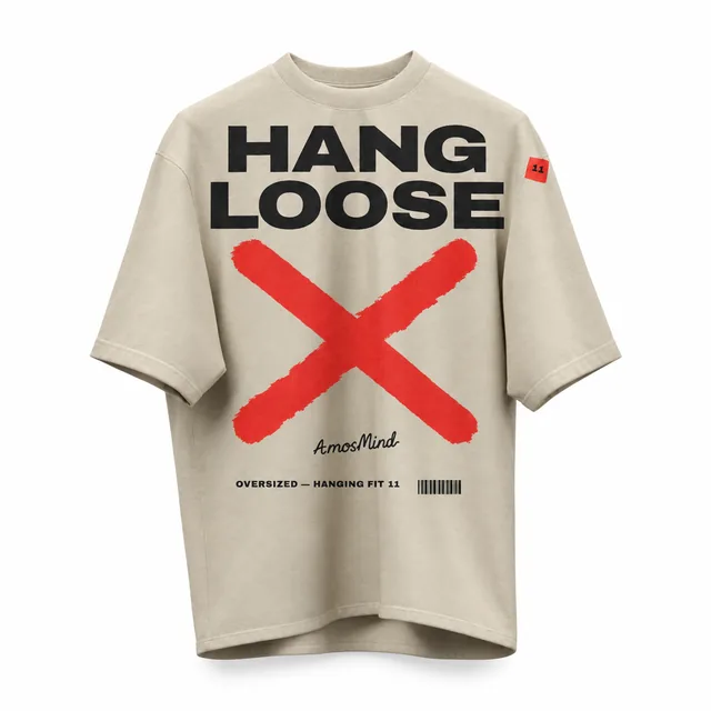 Oversized hanging T-shirt mockup with AmosMind artwork