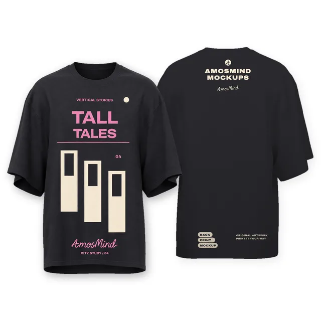 Oversized long-body T-shirt mockup shown front and back with AmosMind artwork