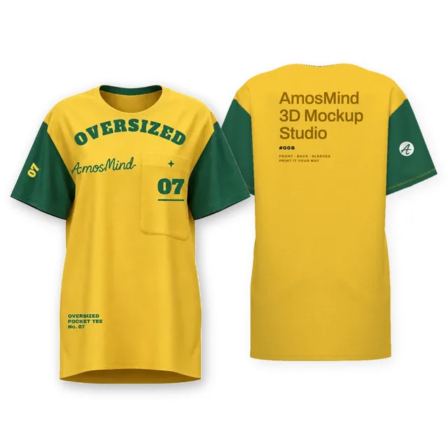 Oversized pocket T-shirt mockup shown front and back with AmosMind artwork