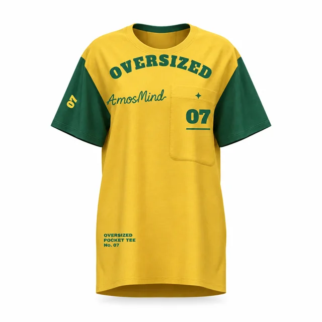 Oversized pocket T-shirt mockup with AmosMind artwork