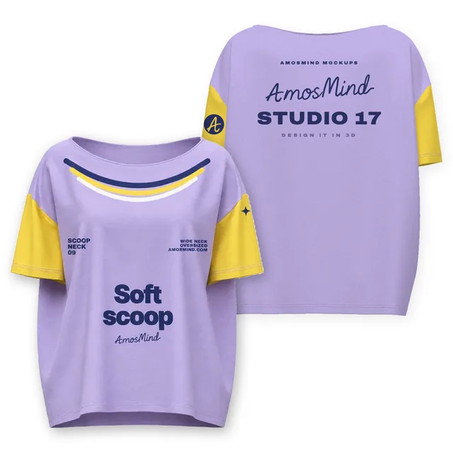 Oversized scoop-neck T-shirt mockup shown front and back with AmosMind artwork