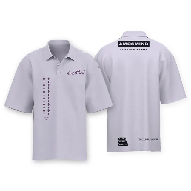 Oversized short-sleeve polo shirt mockup shown front and back with AmosMind artwork