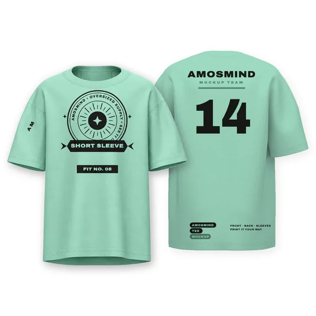 Oversized short-sleeve T-shirt mockup shown front and back with AmosMind artwork