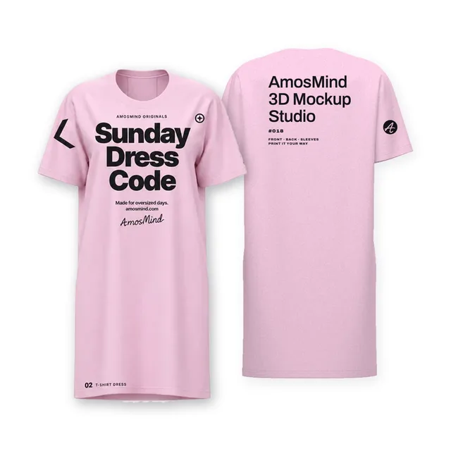 Oversized T-shirt dress mockup shown front and back with AmosMind artwork