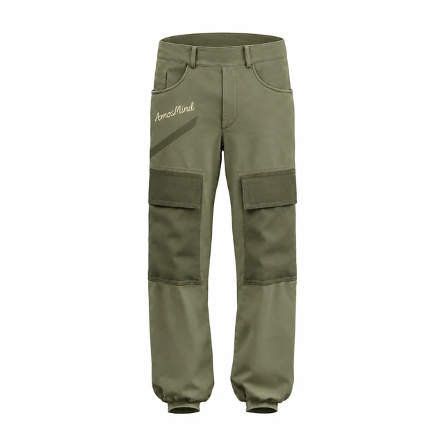 Paneled cargo pants mockup with AmosMind artwork