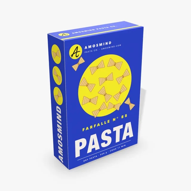 Pasta box mockup with AmosMind artwork