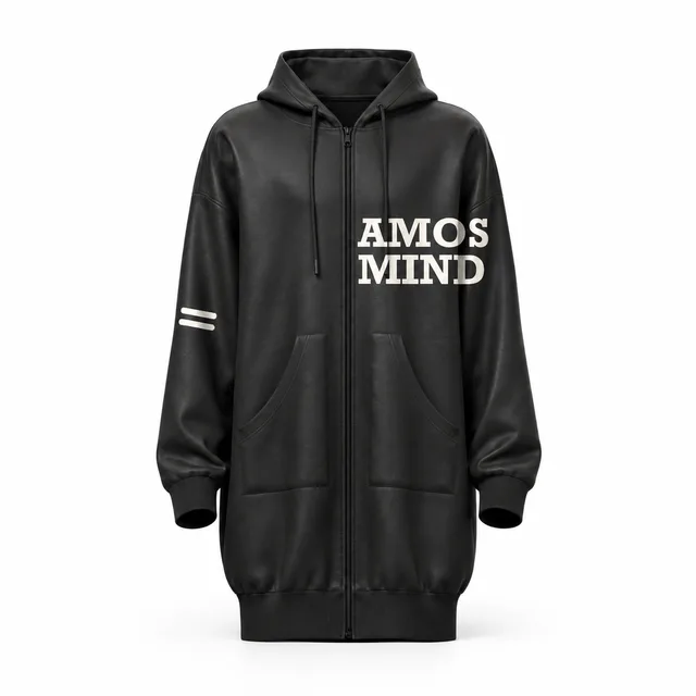 Patch-pocket black zip-up hoodie mockup with AmosMind artwork