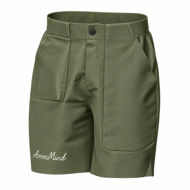 Patch-pocket shorts mockup with AmosMind artwork