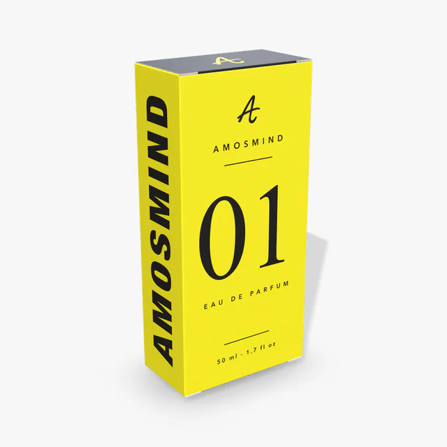 Perfume box mockup with AmosMind artwork