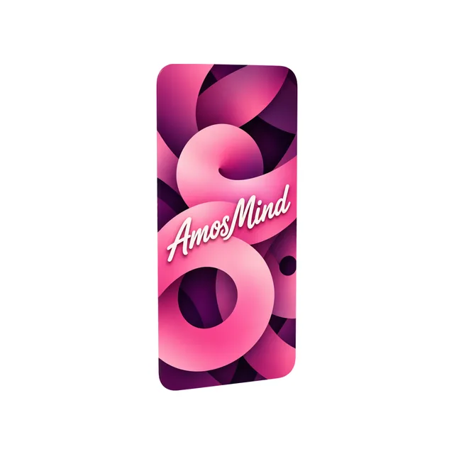 Phone display mockup with AmosMind artwork