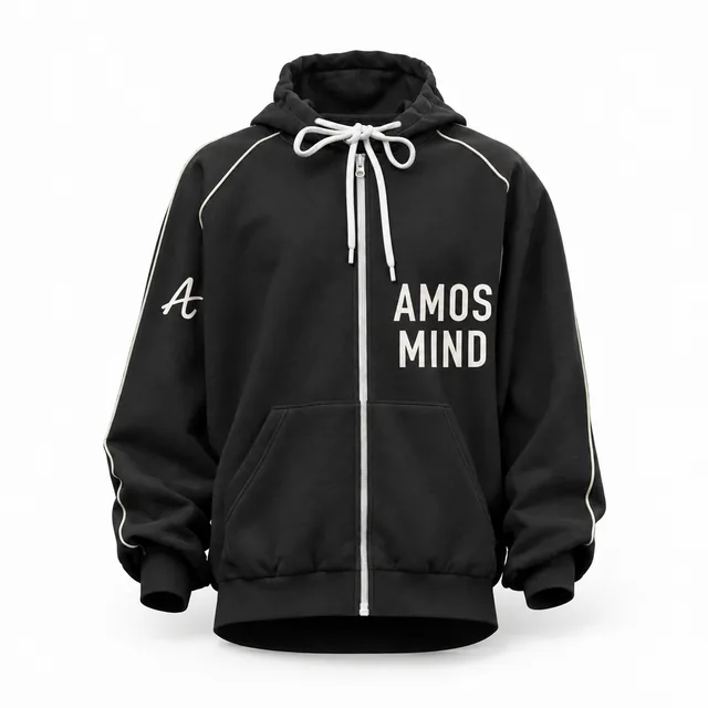 Piped raglan zip-up hoodie mockup with AmosMind artwork