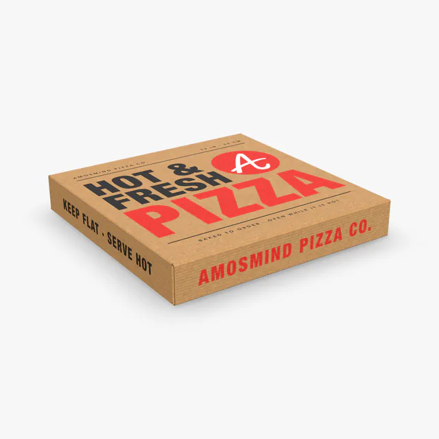 Pizza box mockup with AmosMind artwork