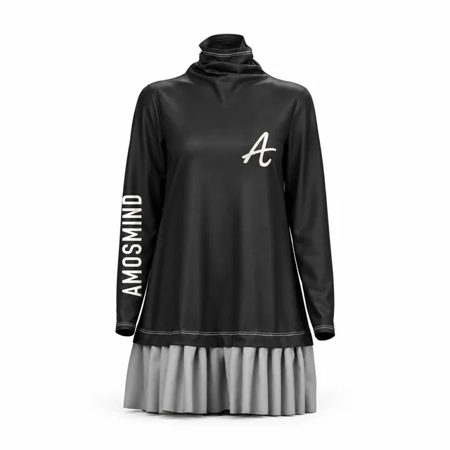 Pleated-hem high-neck black sweatshirt mockup with AmosMind artwork