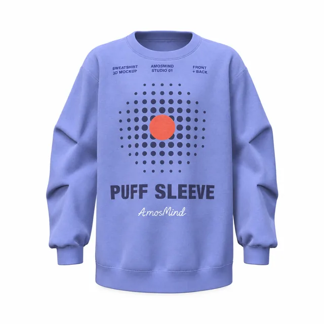 Puff-sleeve sweatshirt mockup with AmosMind artwork