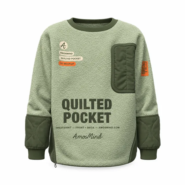 Quilted pocket sweatshirt mockup with AmosMind artwork