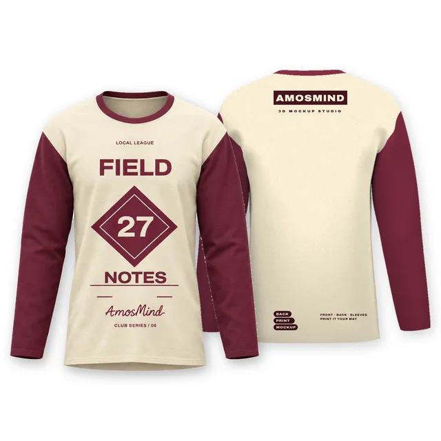 Raglan long-sleeve T-shirt mockup shown front and back with AmosMind artwork