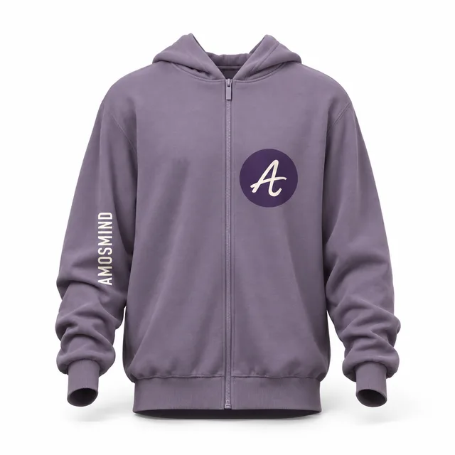 Raglan purple zip-up hoodie mockup with AmosMind artwork