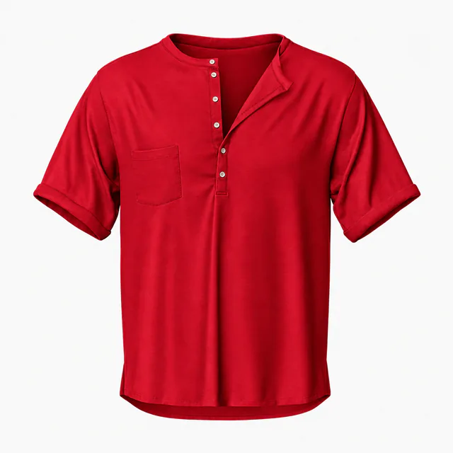 Blank red deep-placket pocket Henley T-shirt mockup