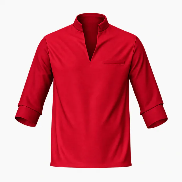 Blank red stand-collar placket T-shirt with rolled sleeves mockup