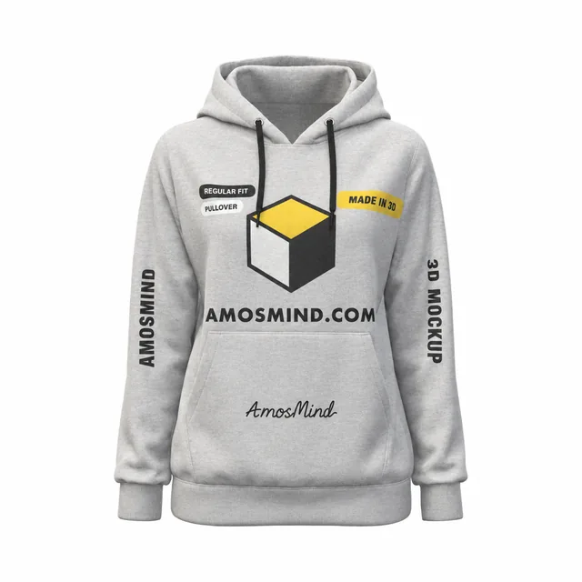 Regular-fit pullover hoodie mockup with AmosMind artwork