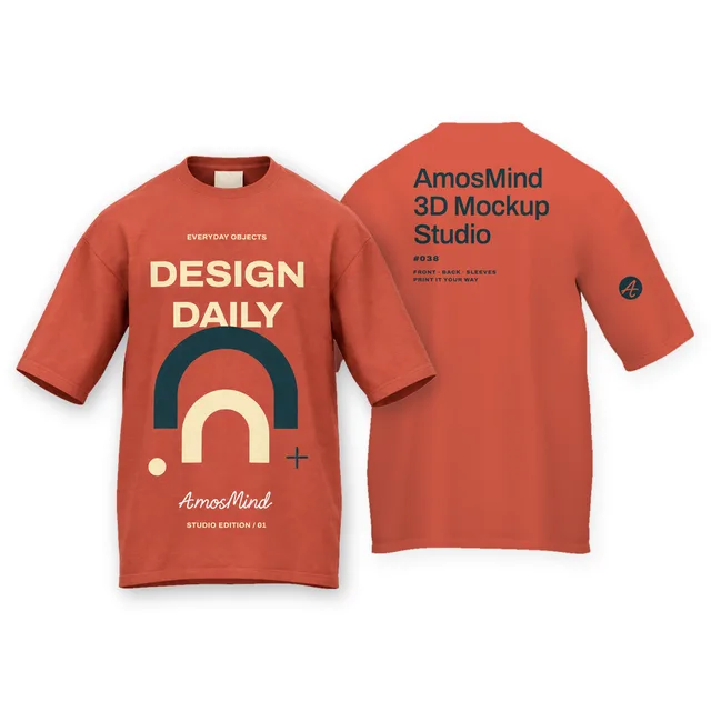 Regular-fit T-shirt mockup shown front and back with AmosMind artwork