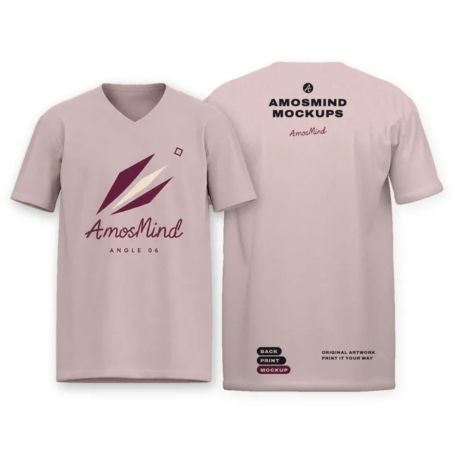 Regular-fit V-neck T-shirt mockup shown front and back with AmosMind artwork