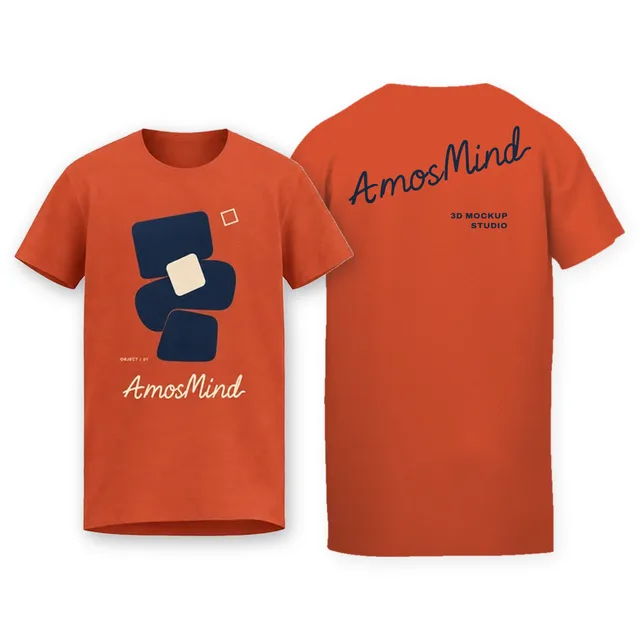 Relaxed crew-neck T-shirt mockup shown front and back with AmosMind artwork