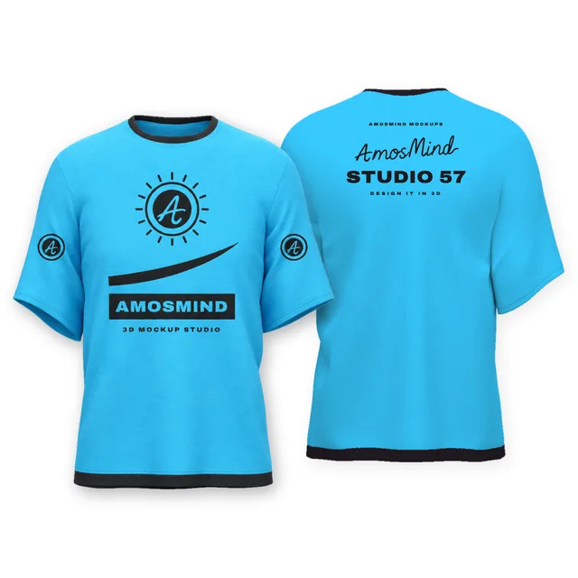 Relaxed drop-shoulder T-shirt mockup shown front and back with AmosMind artwork