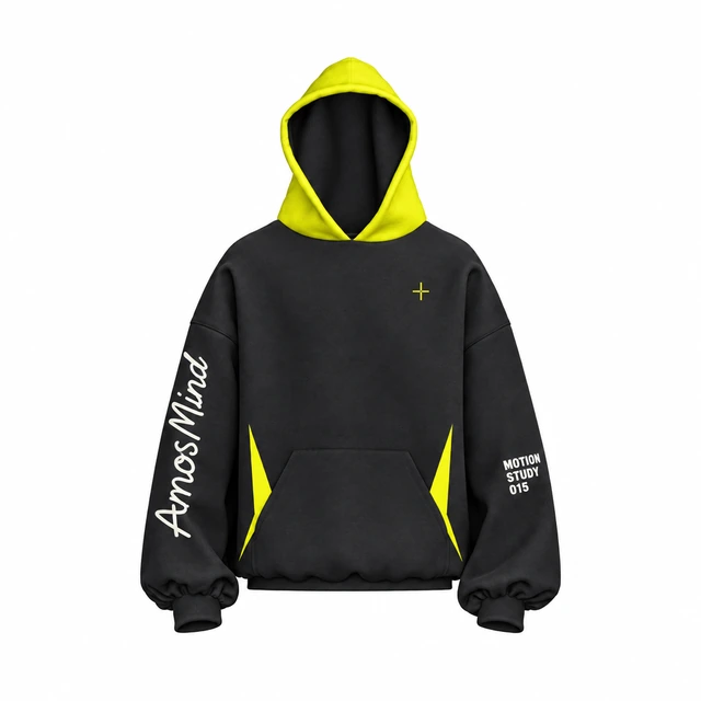 Relaxed pullover hoodie mockup with AmosMind artwork