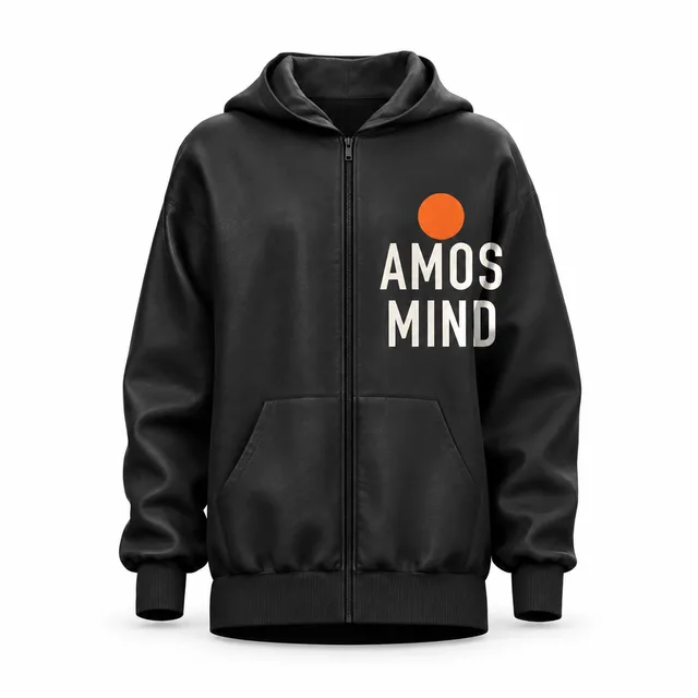 Rib-cuff black zip-up hoodie mockup with AmosMind artwork