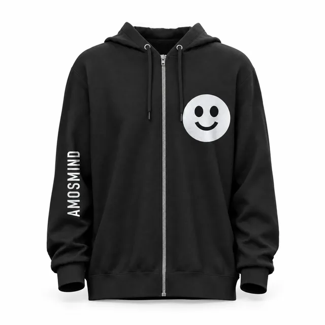 Rib-hem black zip-up hoodie mockup with AmosMind artwork