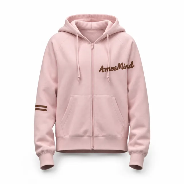 Rib-hem classic zip-up hoodie mockup with AmosMind artwork