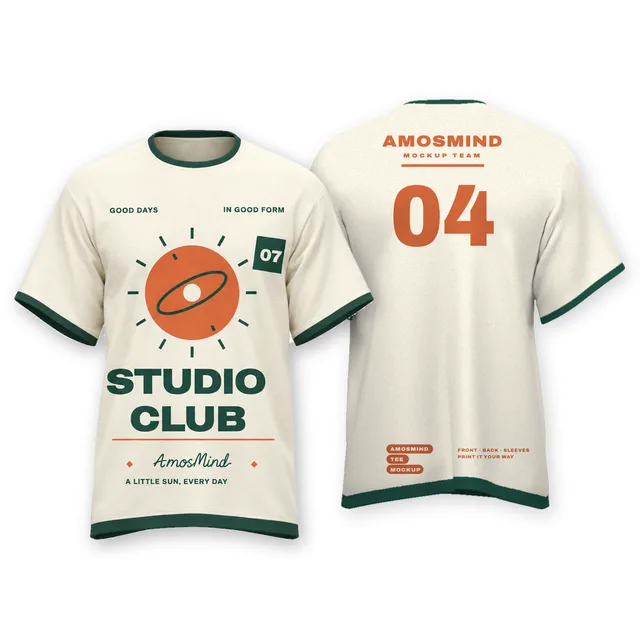 Ringer T-shirt mockup shown front and back with AmosMind artwork