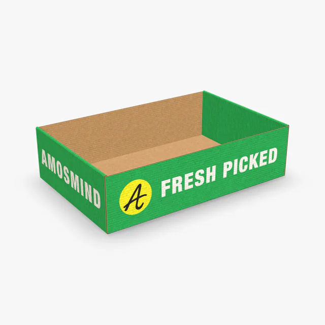 Roll-end tray box mockup with AmosMind artwork