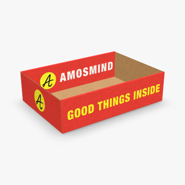 Roll-side tray box mockup with AmosMind artwork