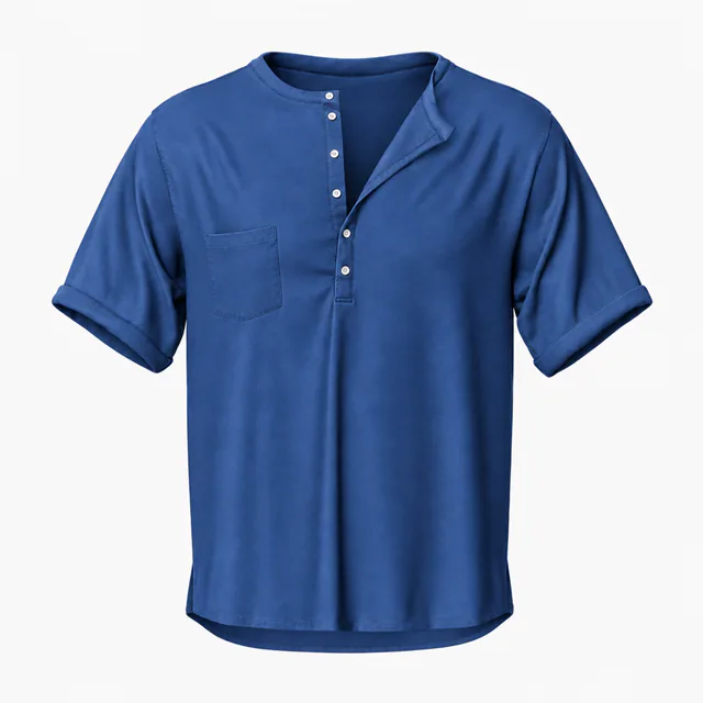Blank royal blue deep-placket pocket Henley T-shirt mockup