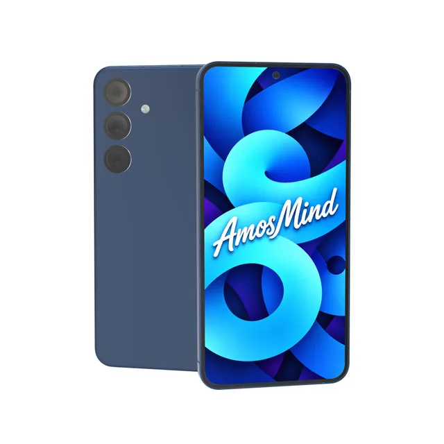 Samsung Galaxy S25 mockup with AmosMind artwork