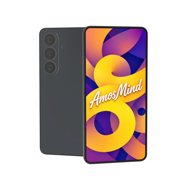 Samsung Galaxy S26 mockup with AmosMind artwork