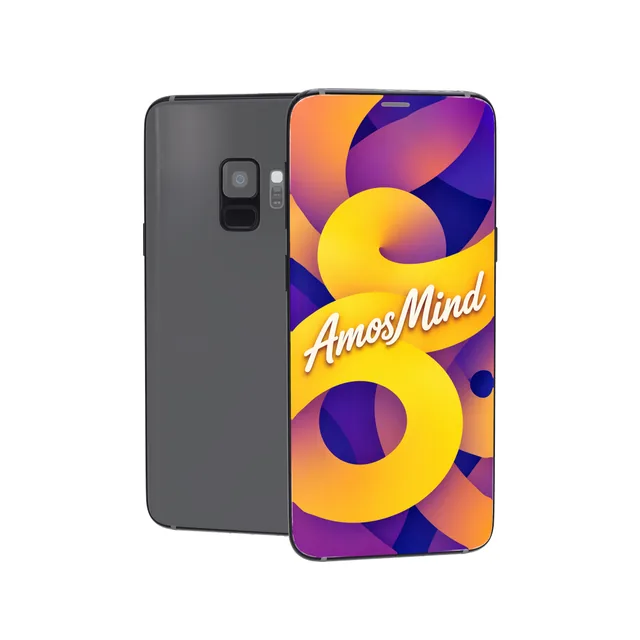 Samsung Galaxy S9 mockup with AmosMind artwork